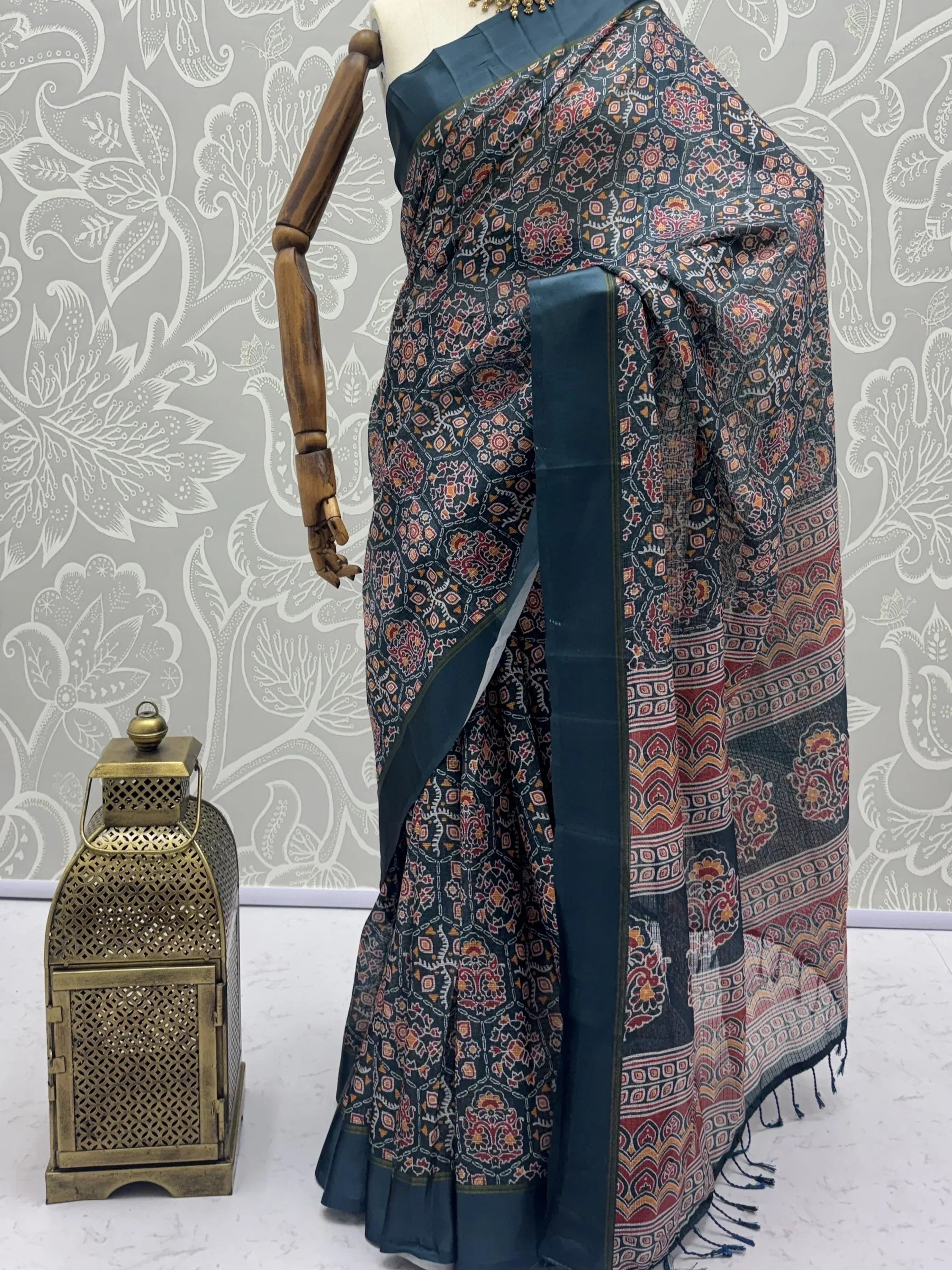 Charming Teal Blue Printed Silk Festive Wear Saree With Blouse