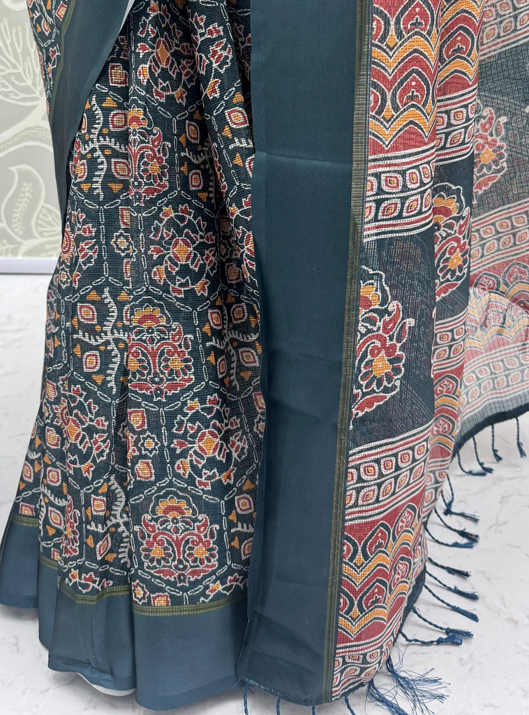 Charming Teal Blue Printed Silk Festive Wear Saree With Blouse