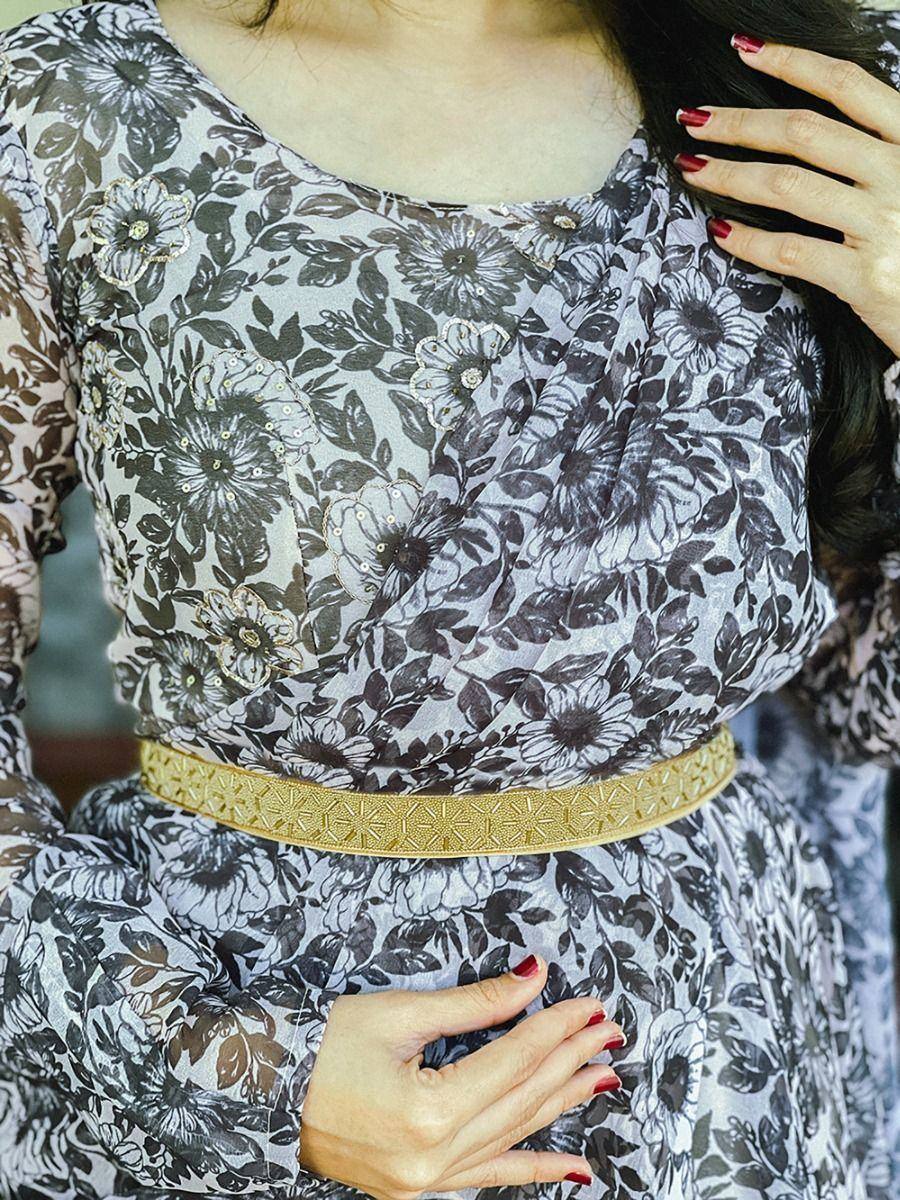Floral printed ethnic gown with gold belt, designer Indian wear for women