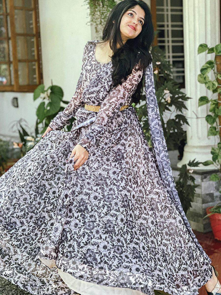 Enchanting Black Floral Printed Georgette Gown With Dupatta