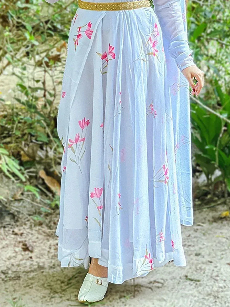 Light blue floral print ethnic gown with gold belt, perfect for Indian occasions
