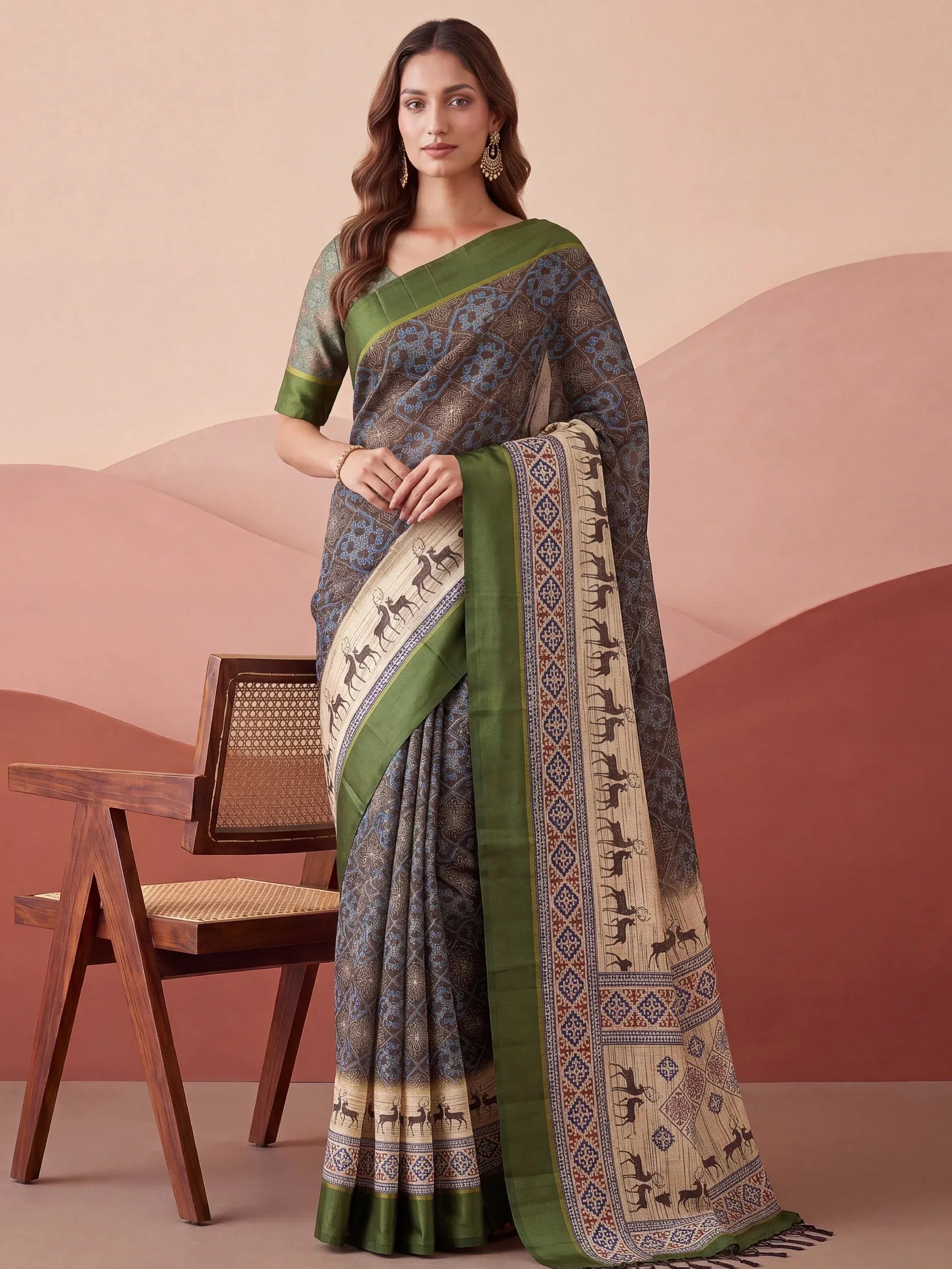 Graceful Green Digital Printed Silk Traditional Saree With Blouse
