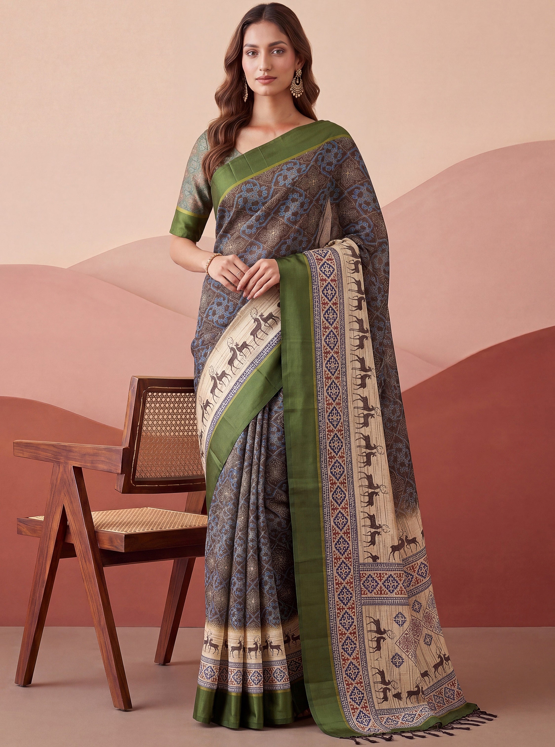 Graceful Green Digital Printed Silk Traditional Saree With Blouse