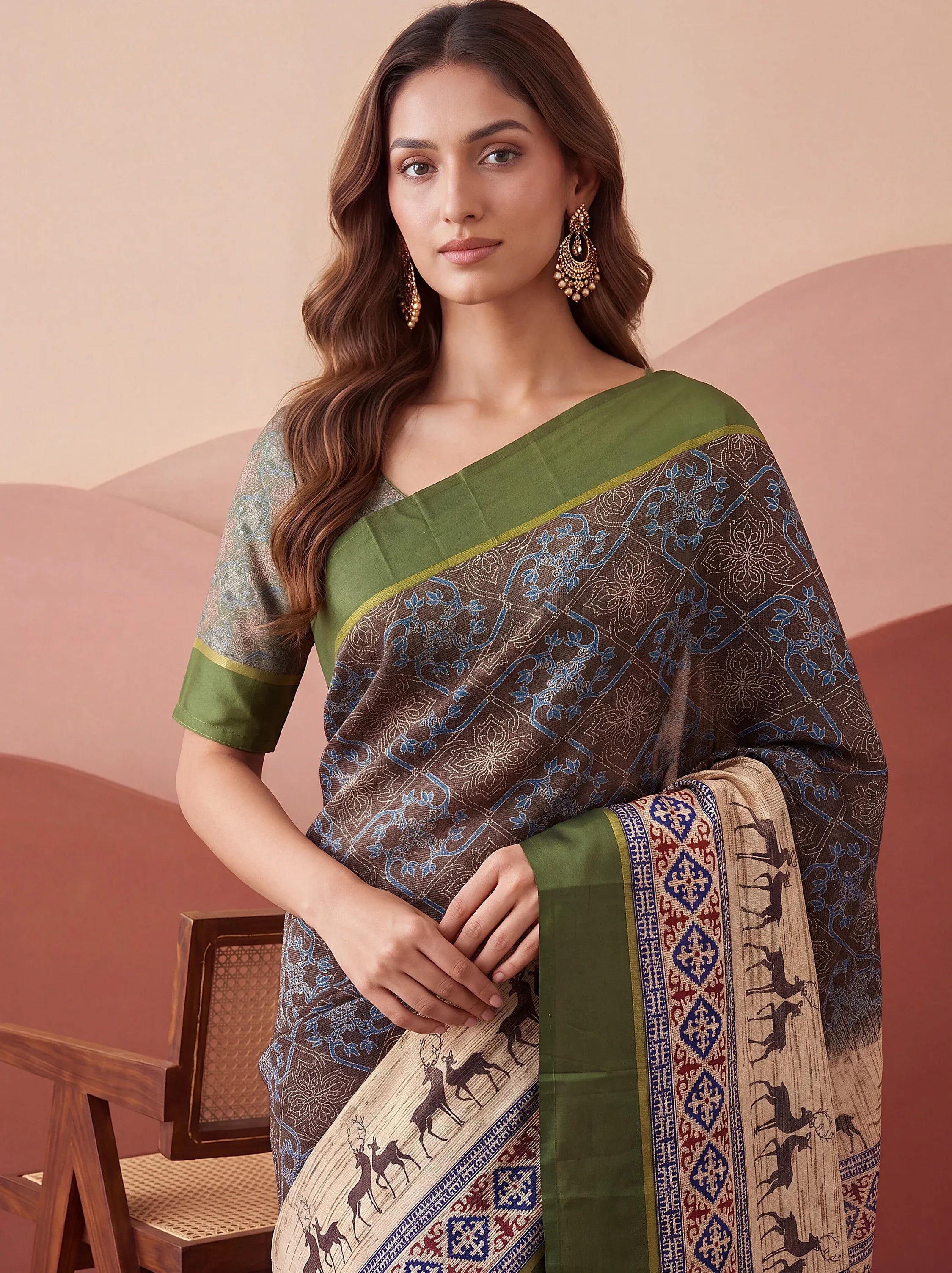 Graceful Green Digital Printed Silk Traditional Saree With Blouse