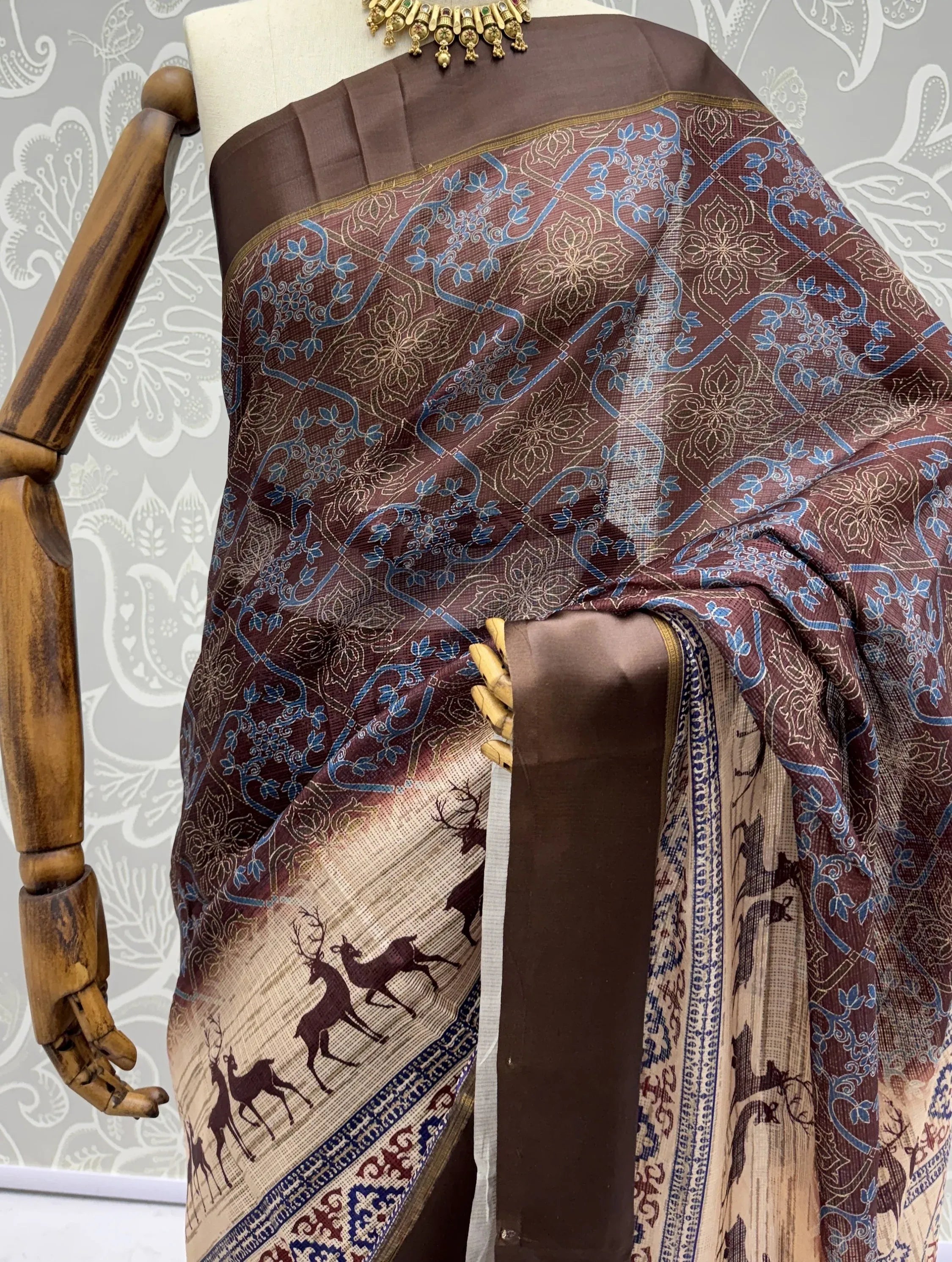 Elegant Brown Digital Printed Silk Casual Wear Saree With Blouse