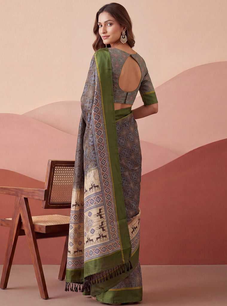 Graceful Green Digital Printed Silk Traditional Saree With Blouse