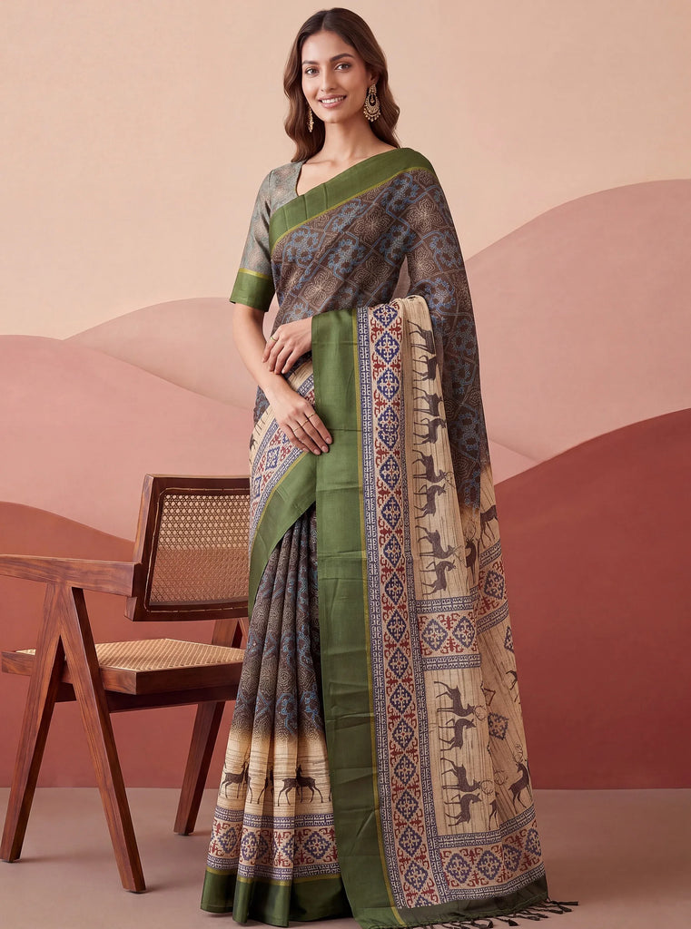 Graceful Green Digital Printed Silk Traditional Saree With Blouse
