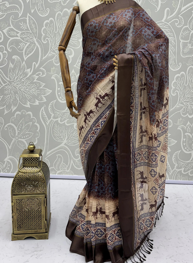 Elegant Brown Digital Printed Silk Casual Wear Saree With Blouse