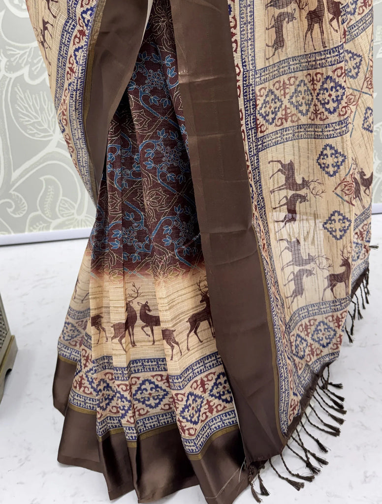 Elegant Brown Digital Printed Silk Casual Wear Saree With Blouse