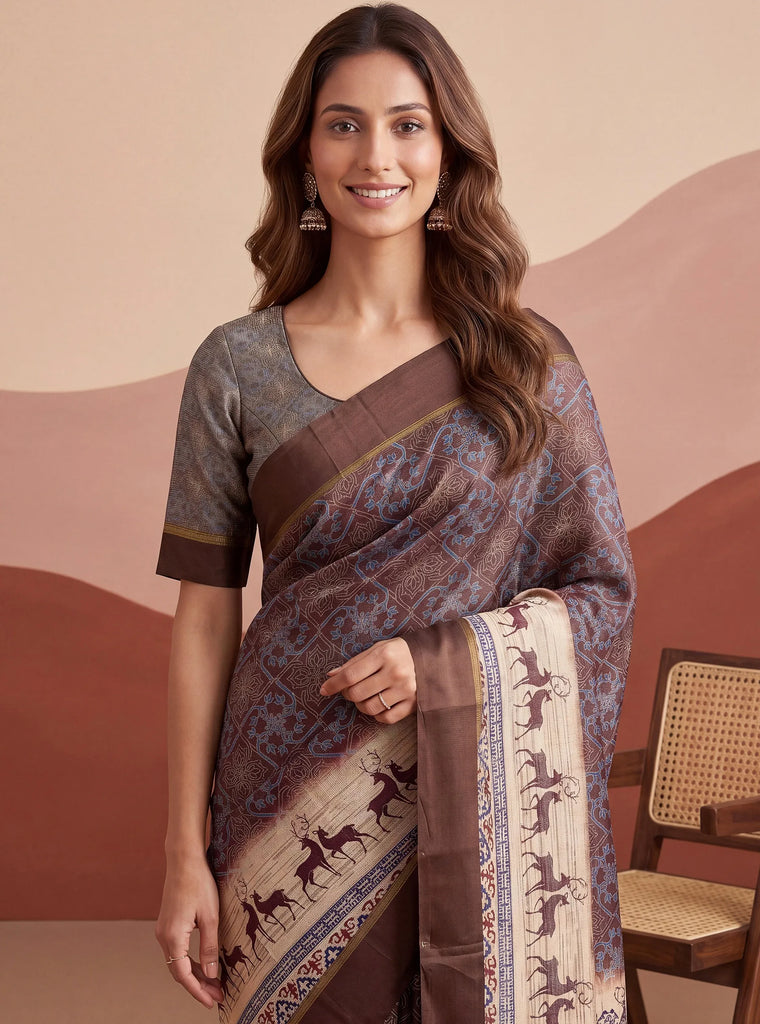 Elegant Brown Digital Printed Silk Casual Wear Saree With Blouse