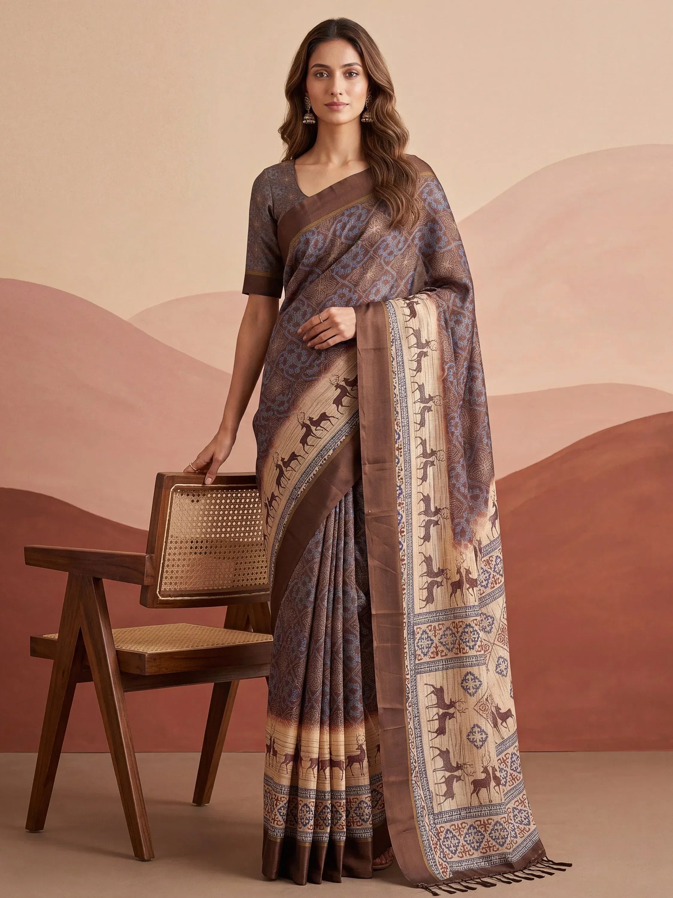 Elegant Brown Digital Printed Silk Casual Wear Saree With Blouse