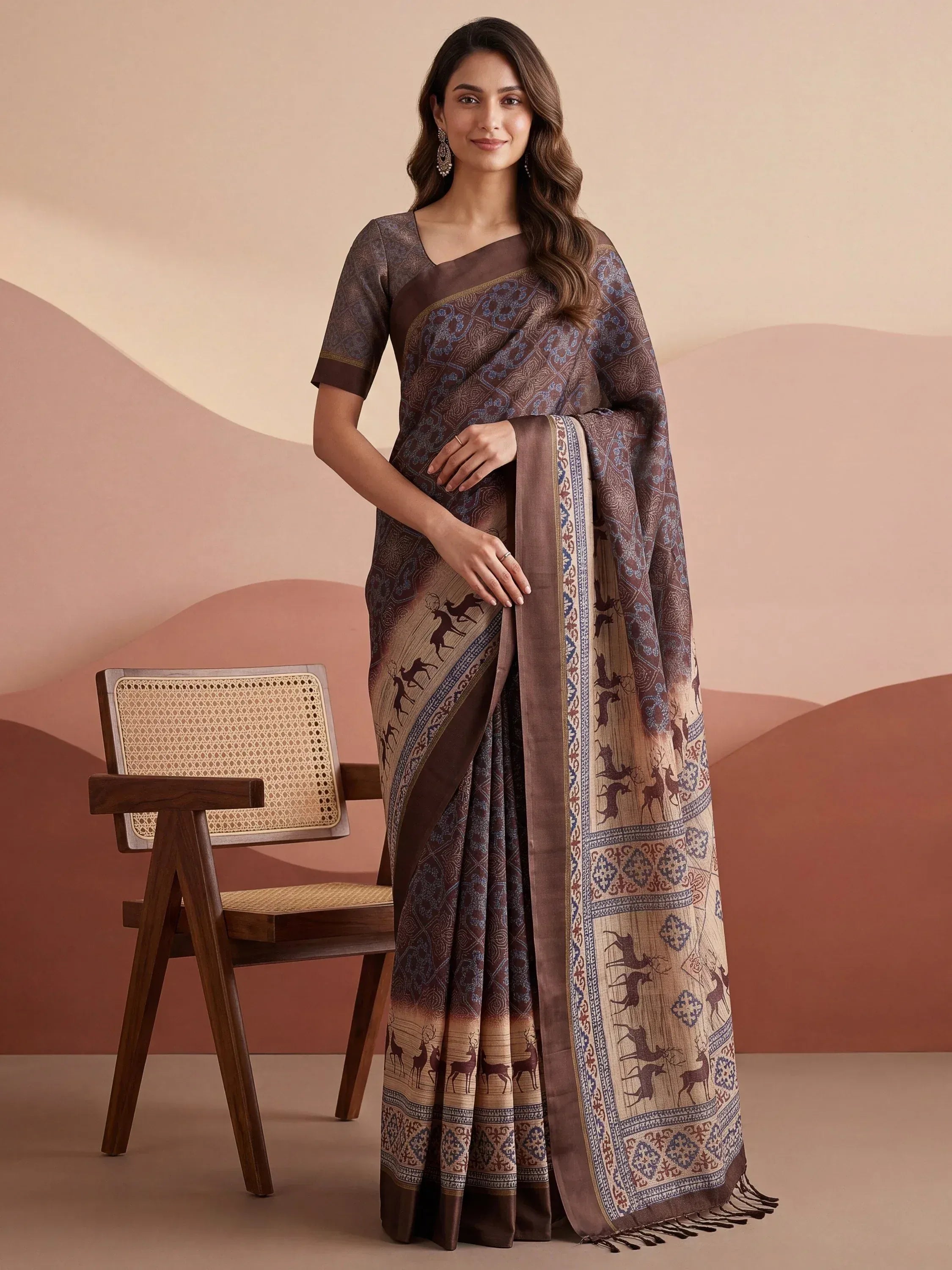 Elegant Brown Digital Printed Silk Casual Wear Saree With Blouse