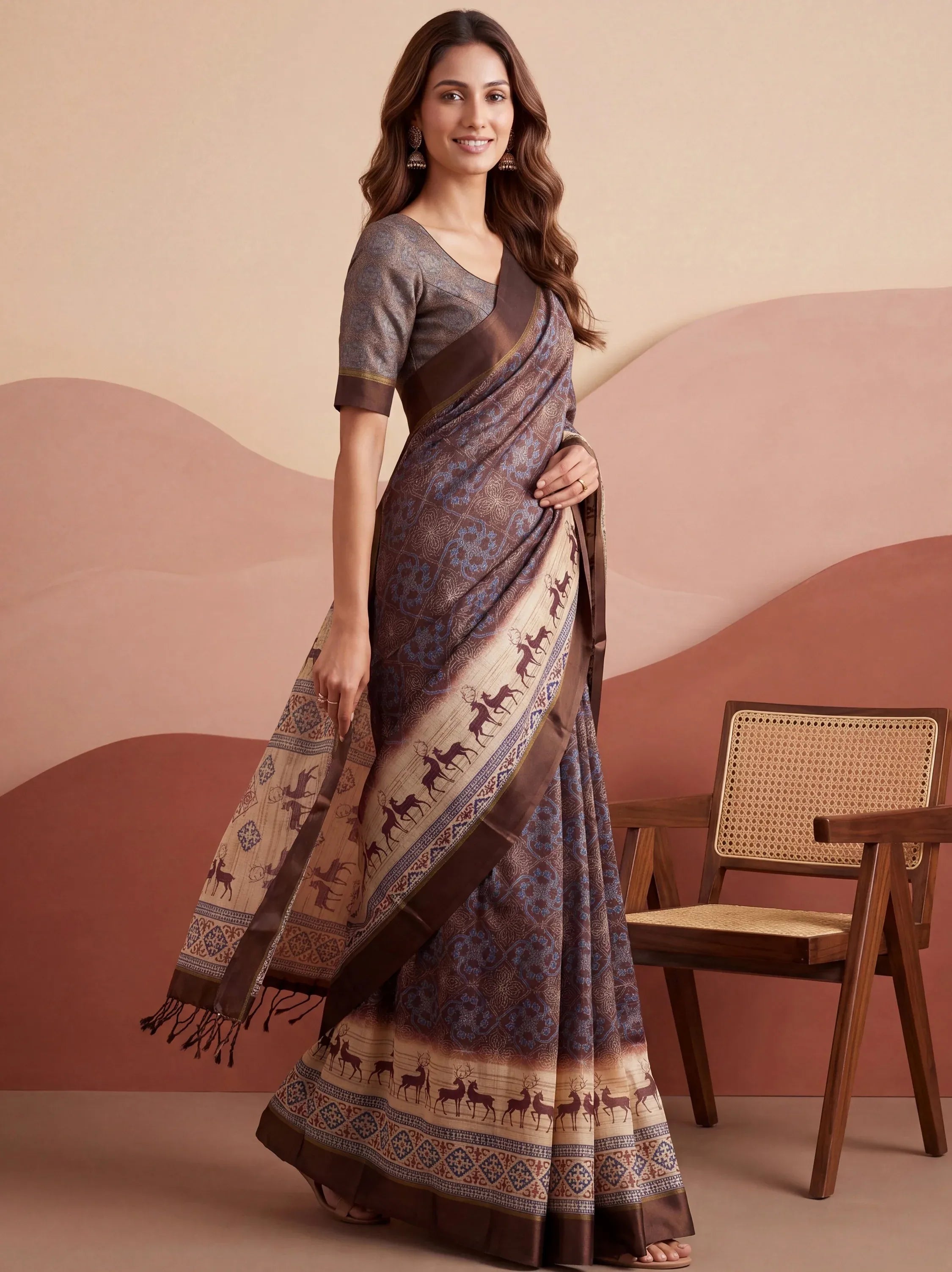 Elegant Brown Digital Printed Silk Casual Wear Saree With Blouse