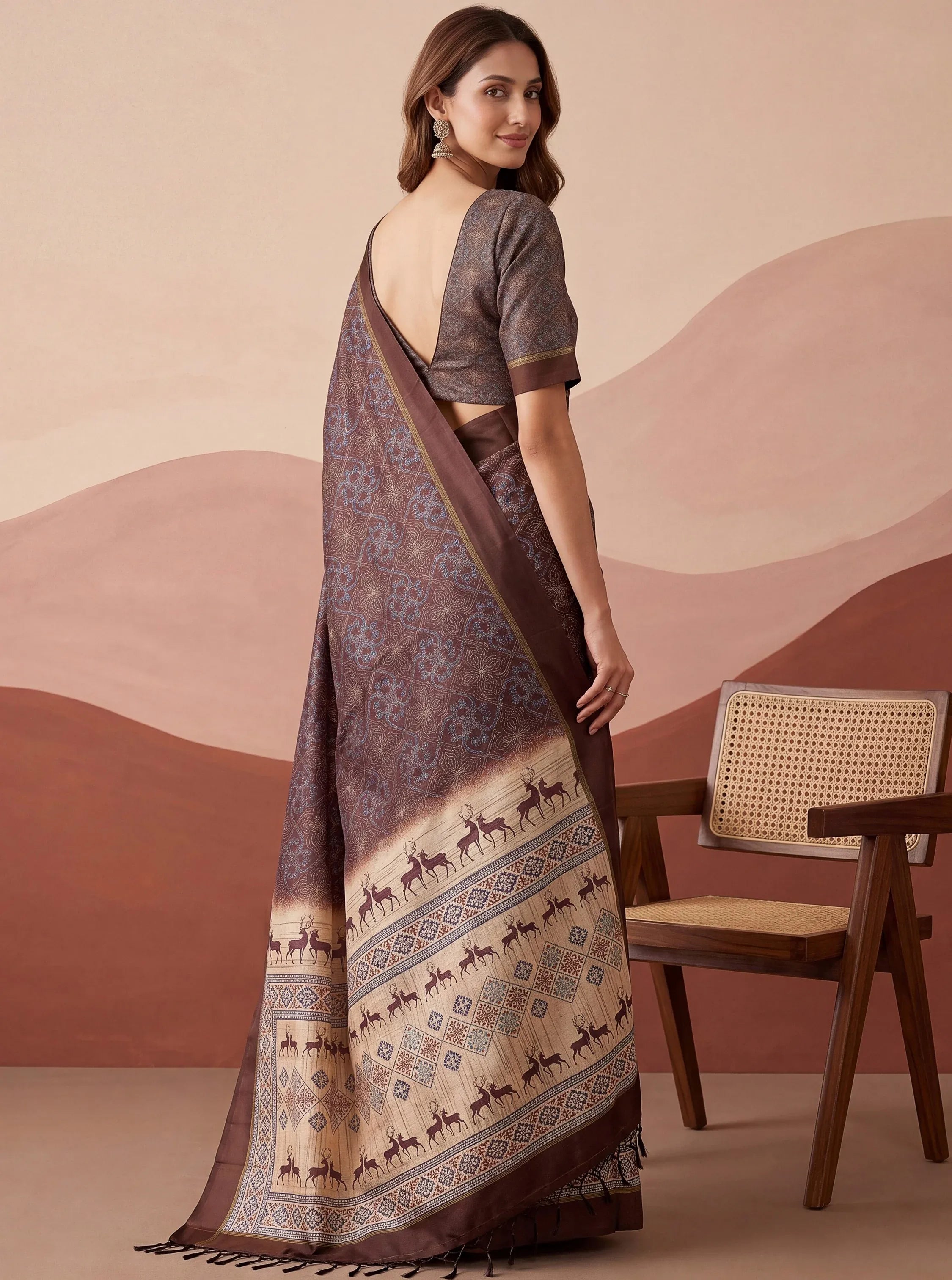 Elegant Brown Digital Printed Silk Casual Wear Saree With Blouse