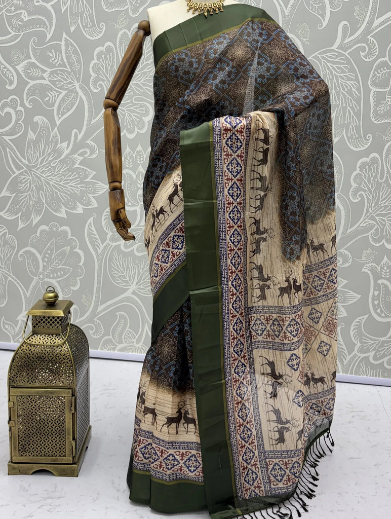 Graceful Green Digital Printed Silk Traditional Saree With Blouse