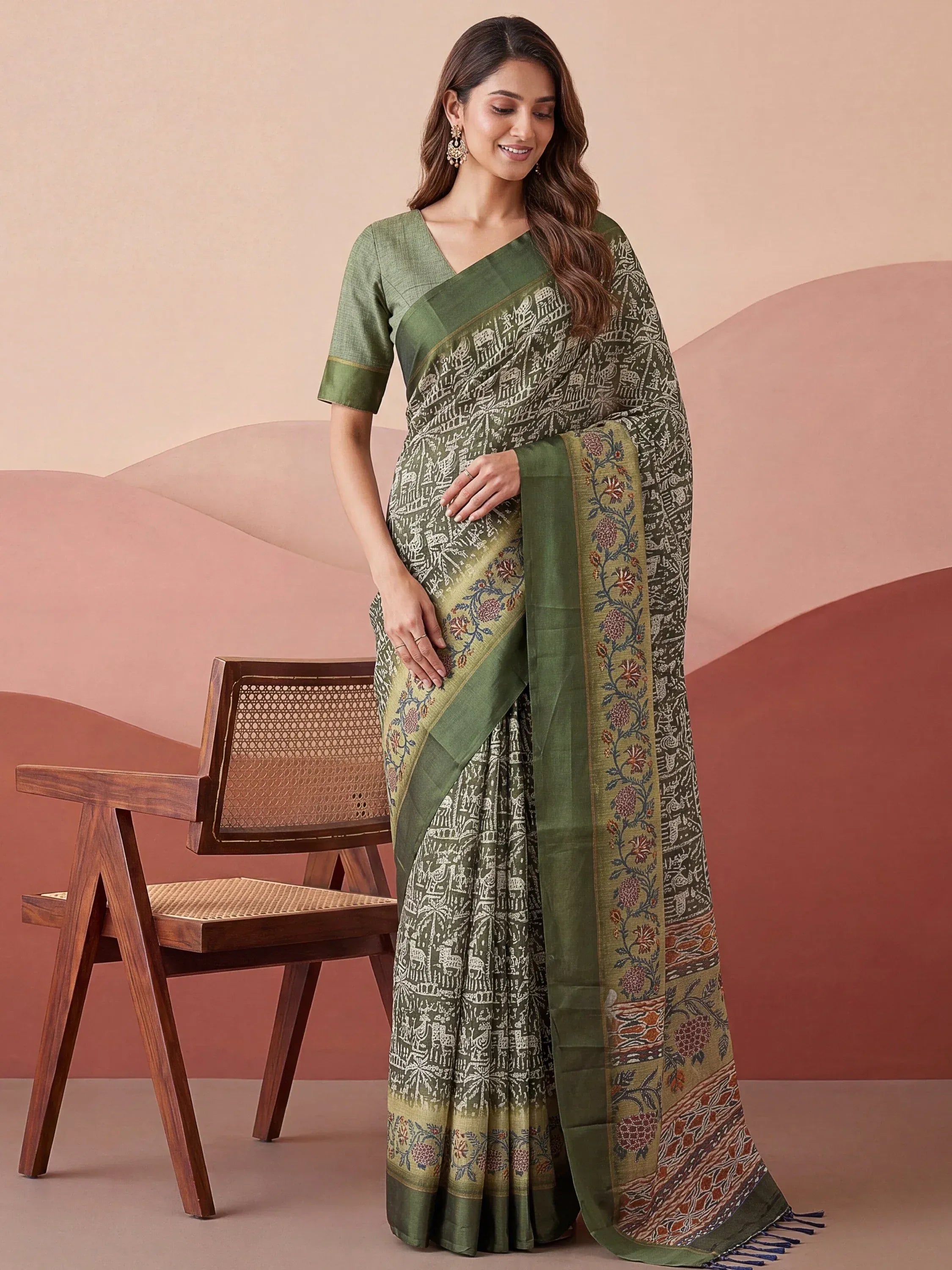 Splendid Green Printed Silk Daily Wear Saree With Blouse