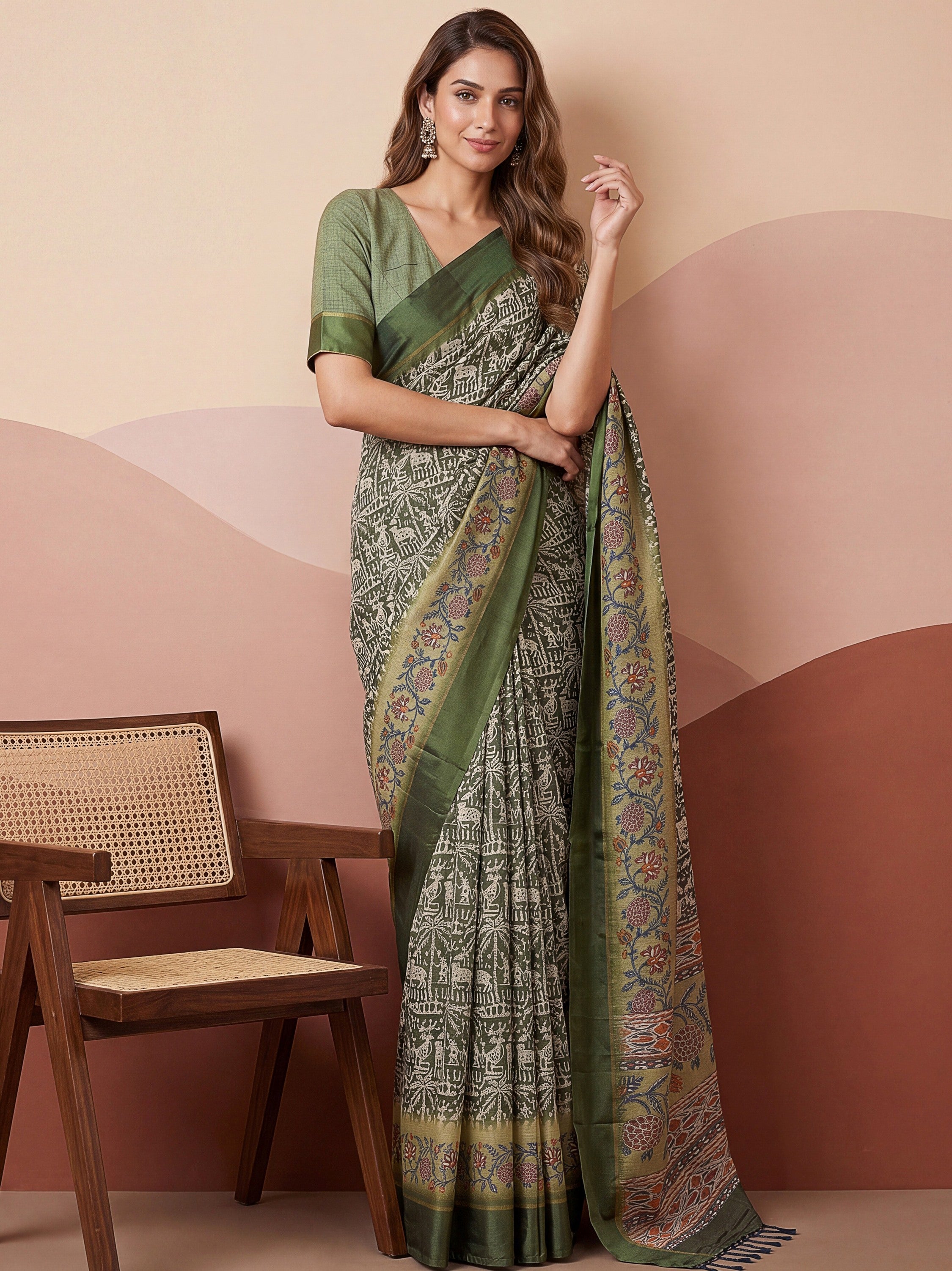 Splendid Green Printed Silk Daily Wear Saree With Blouse
