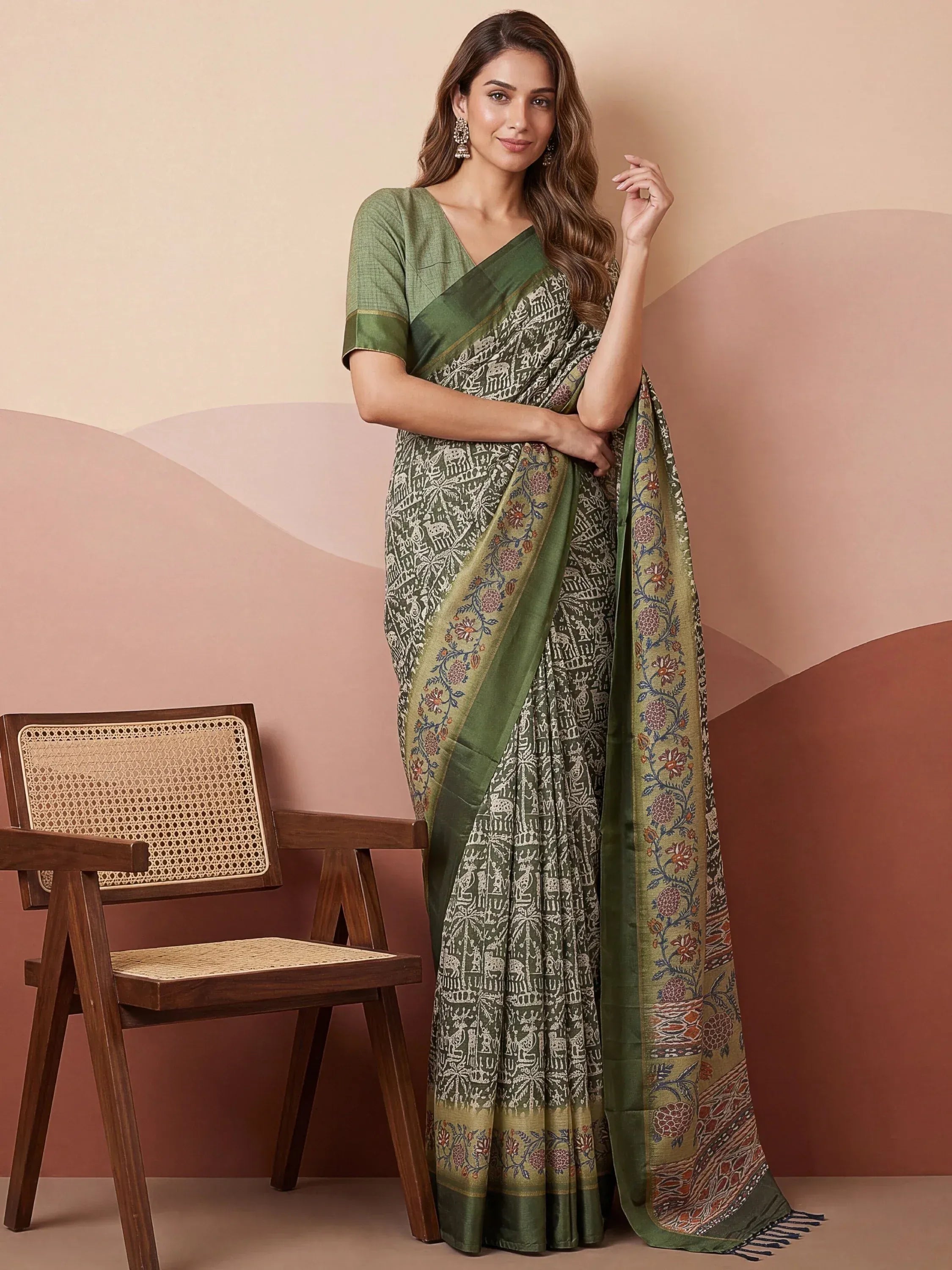 Splendid Green Printed Silk Daily Wear Saree With Blouse