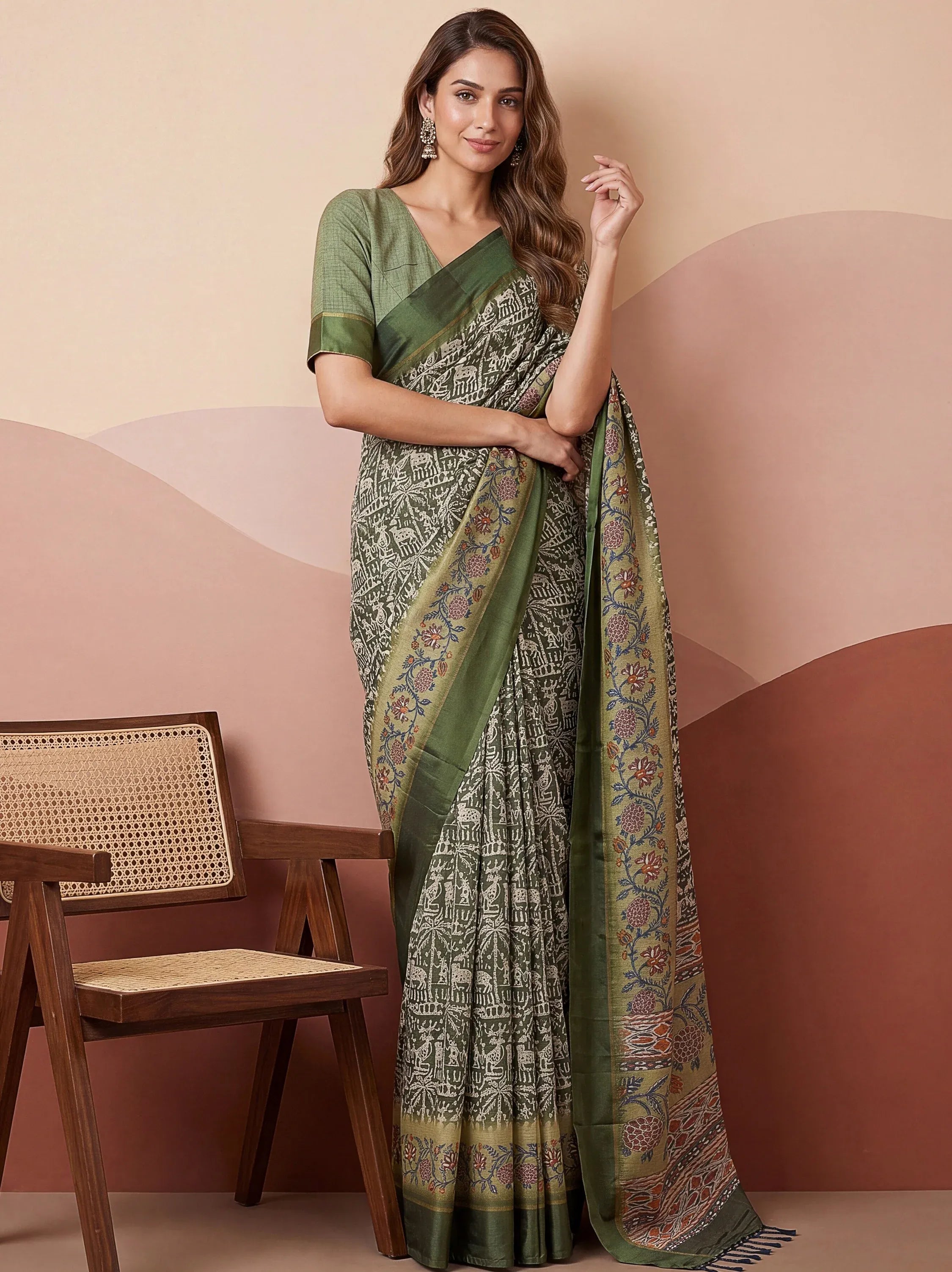 Splendid Green Printed Silk Daily Wear Saree With Blouse