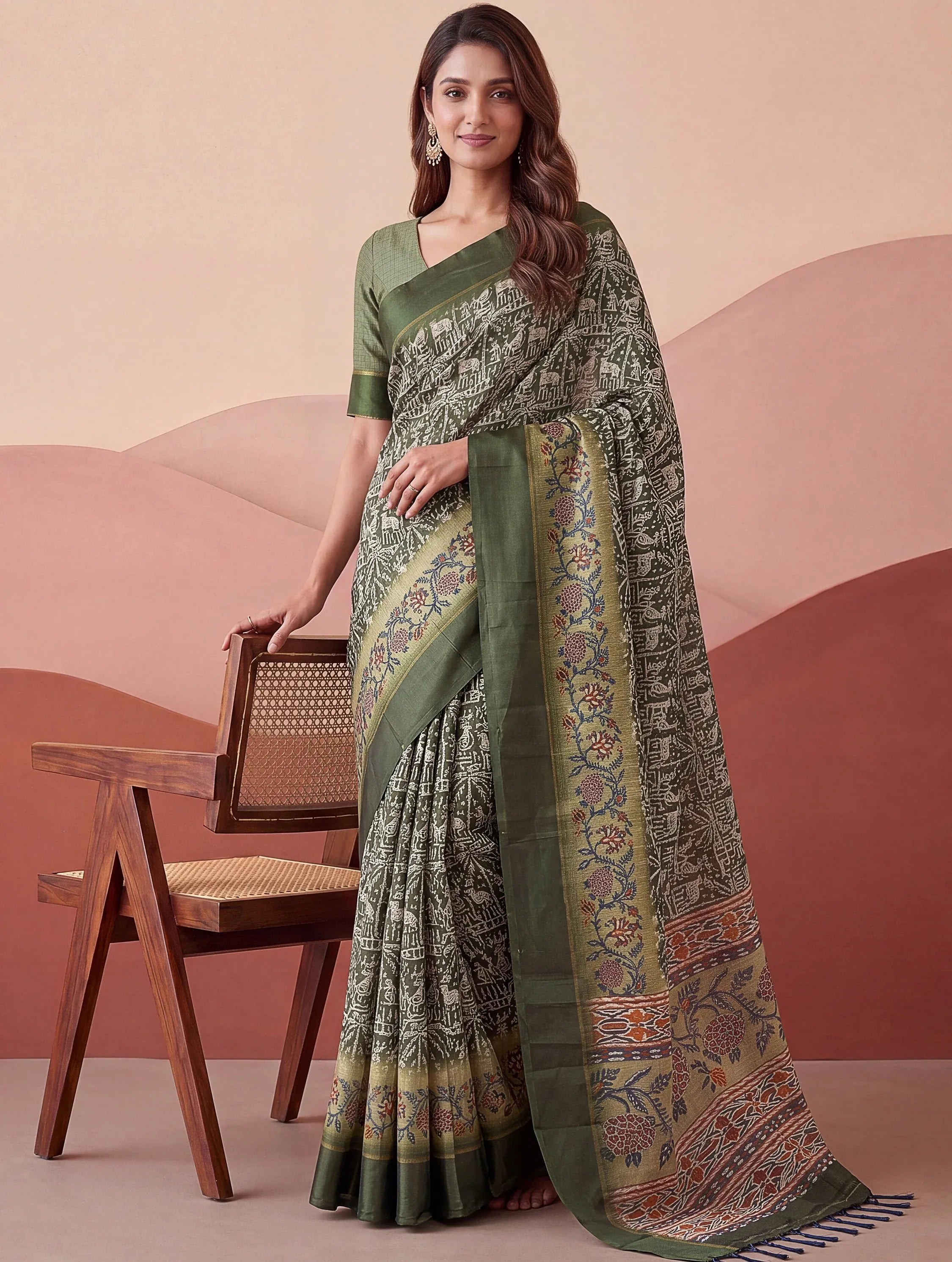 Splendid Green Printed Silk Daily Wear Saree With Blouse