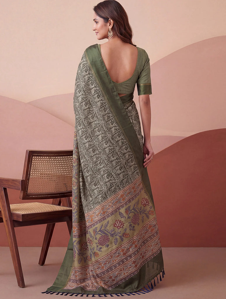 Splendid Green Printed Silk Daily Wear Saree With Blouse