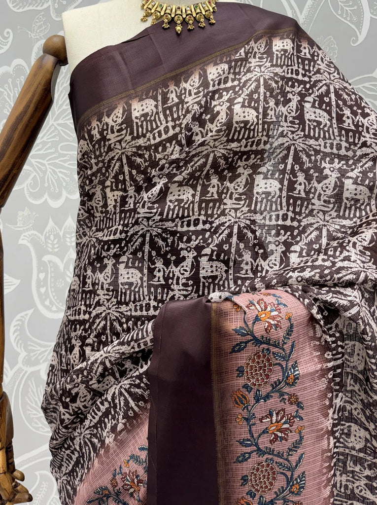 Superb Brown Printed Silk Event Wear Saree With Blouse