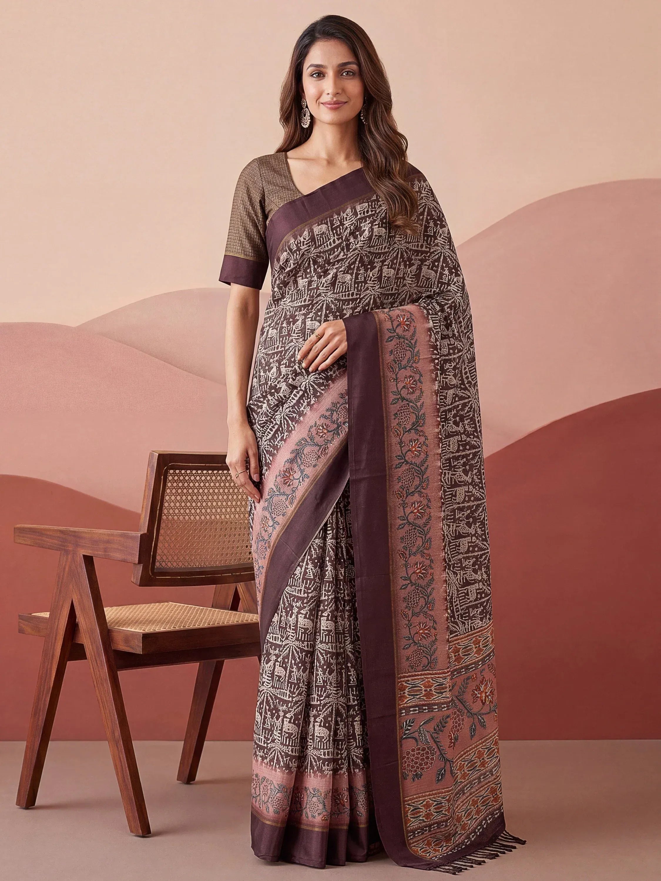 Superb Brown Printed Silk Event Wear Saree With Blouse