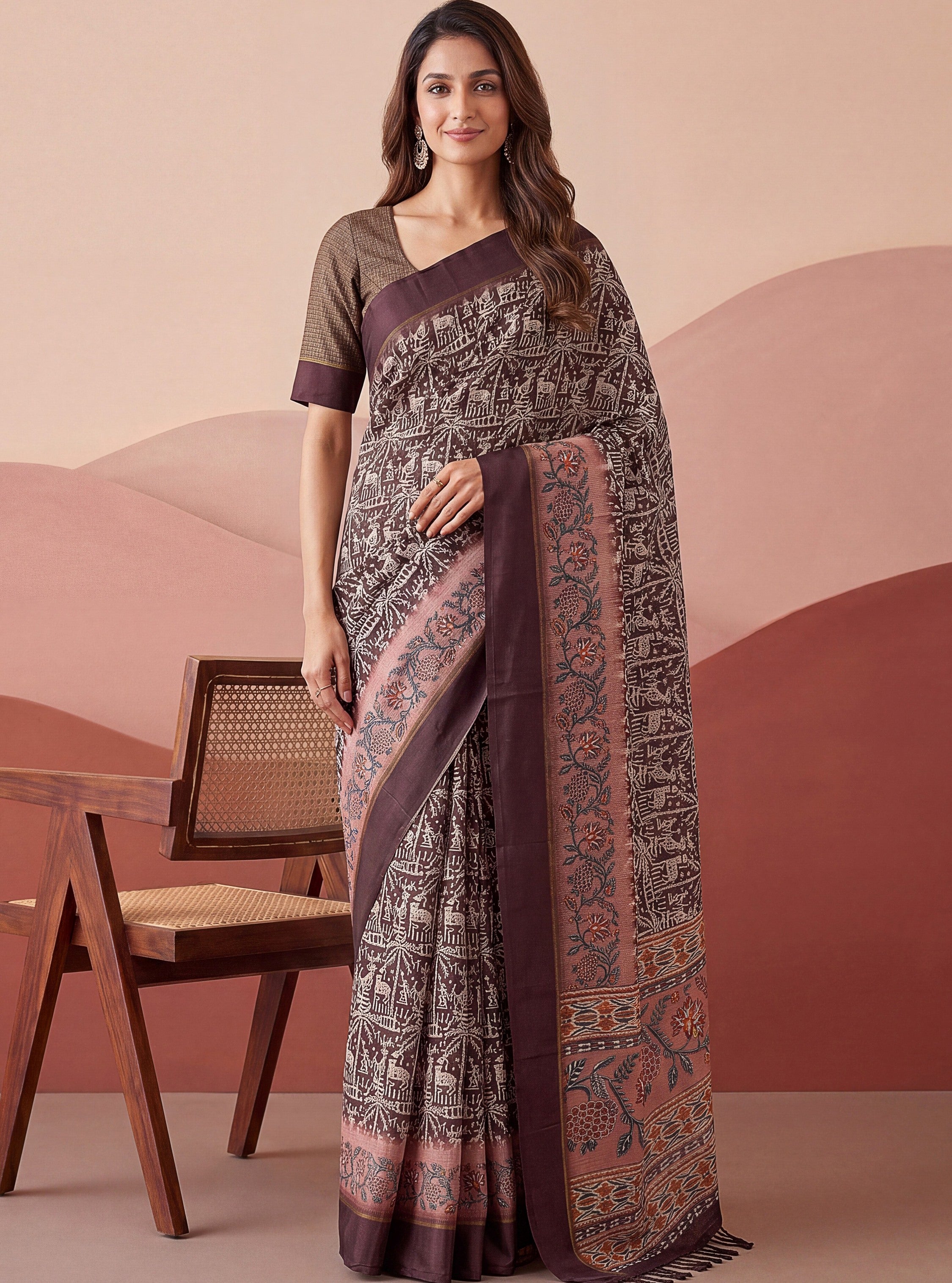 Superb Brown Printed Silk Event Wear Saree With Blouse