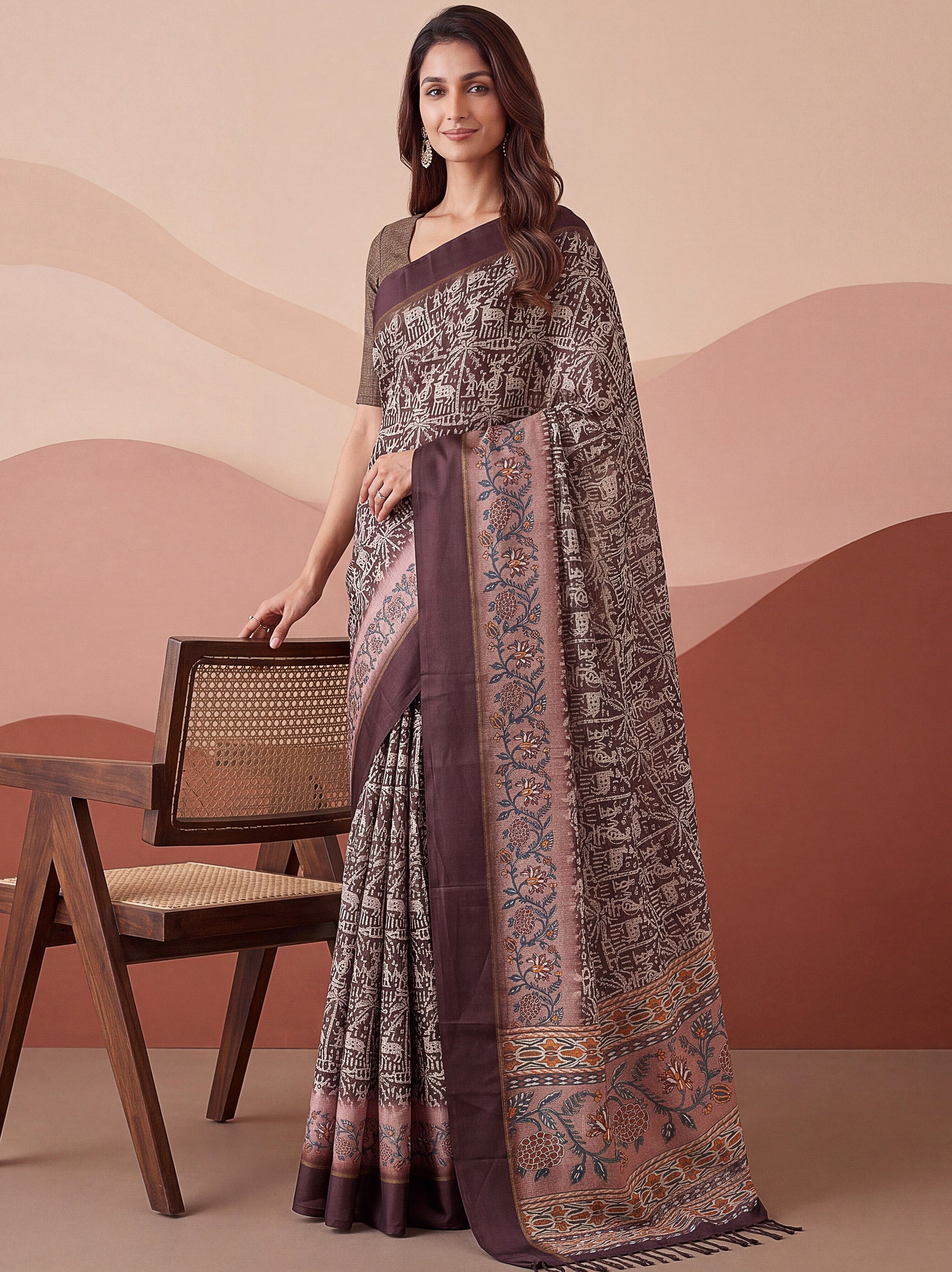 Superb Brown Printed Silk Event Wear Saree With Blouse