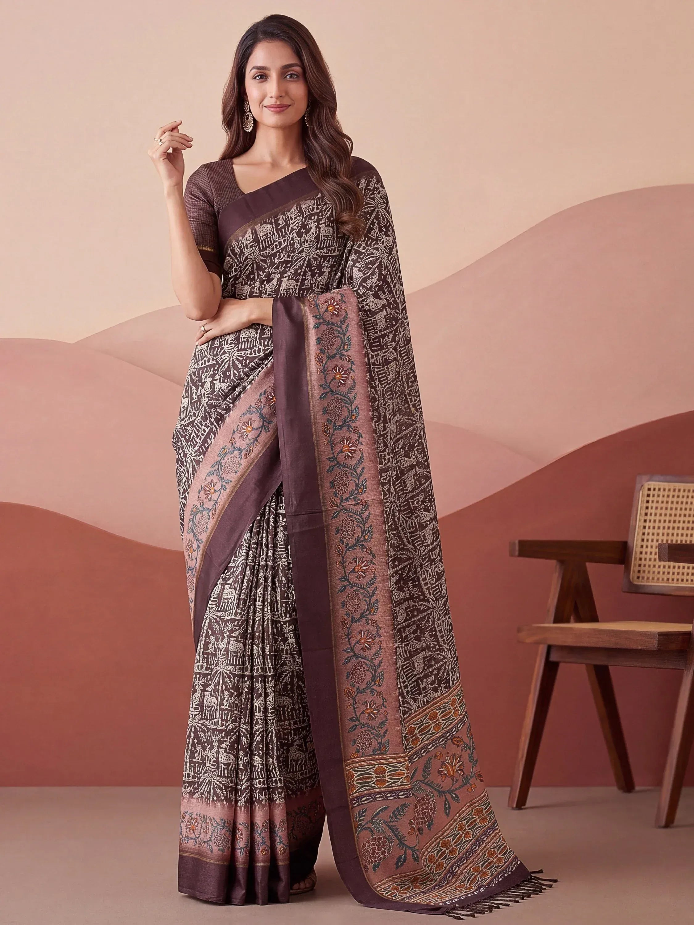 Superb Brown Printed Silk Event Wear Saree With Blouse