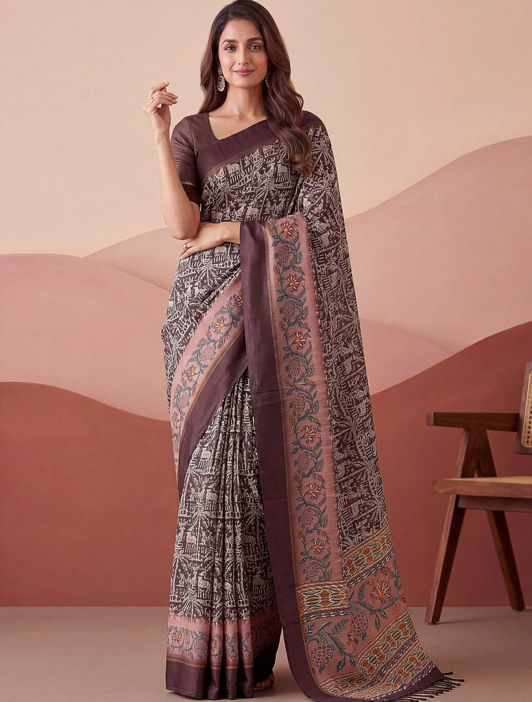 Superb Brown Printed Silk Event Wear Saree With Blouse
