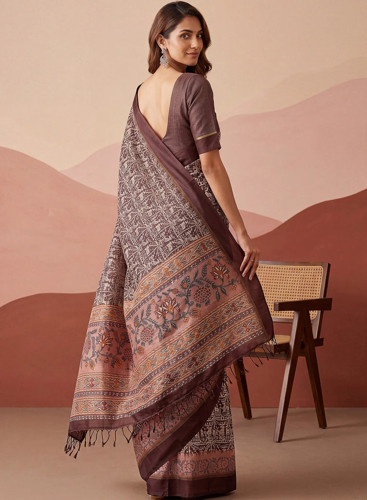 Superb Brown Printed Silk Event Wear Saree With Blouse