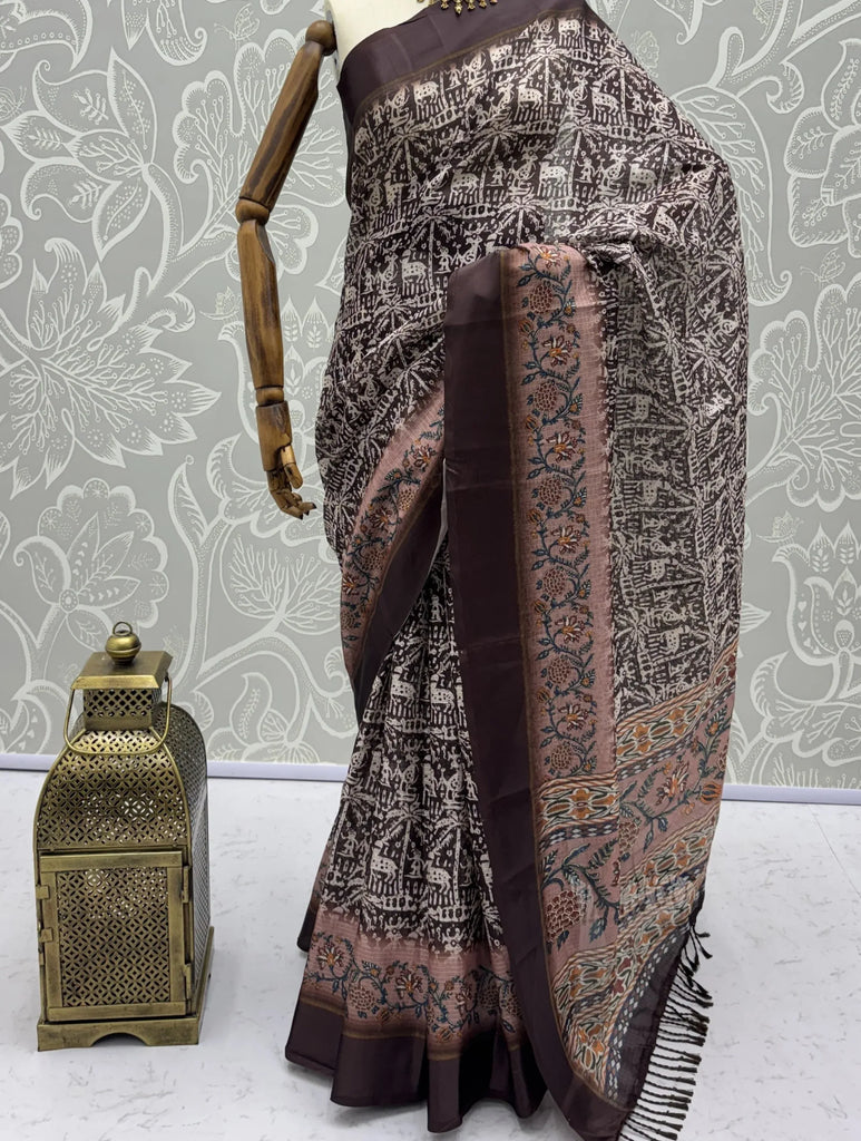 Superb Brown Printed Silk Event Wear Saree With Blouse