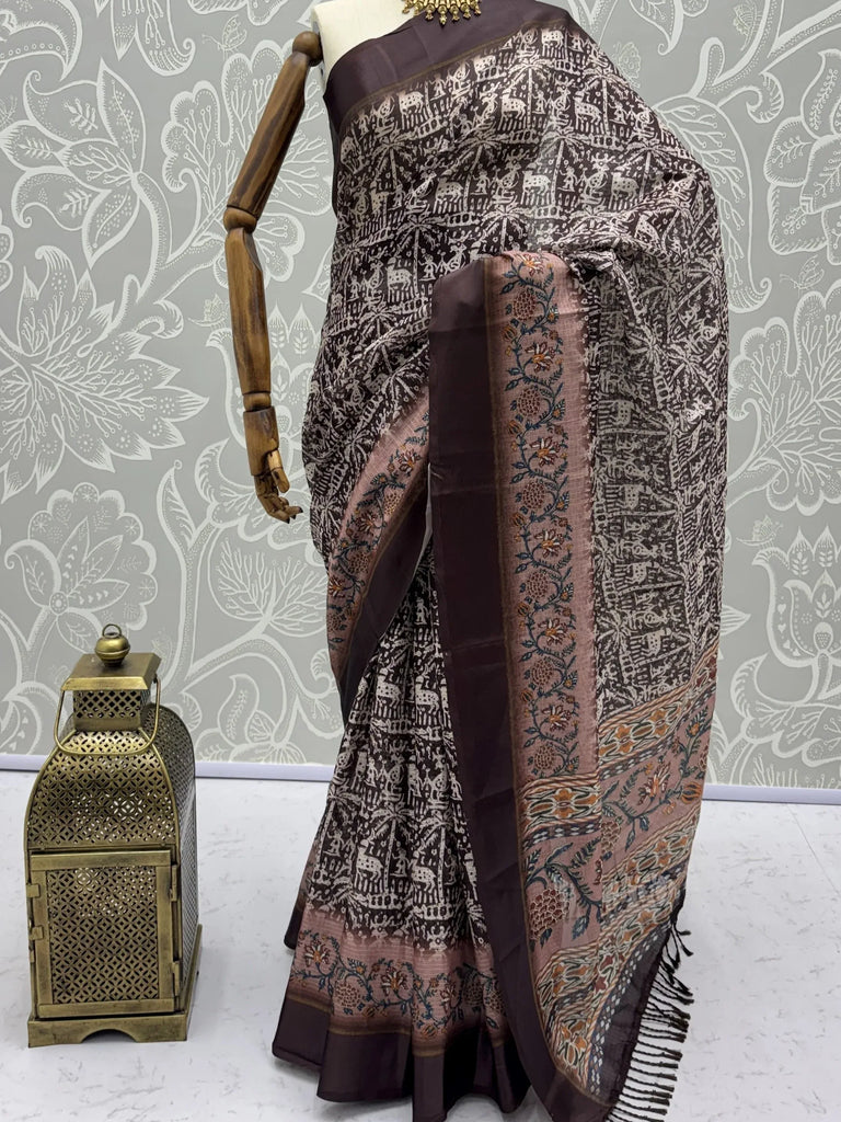 Superb Brown Printed Silk Event Wear Saree With Blouse