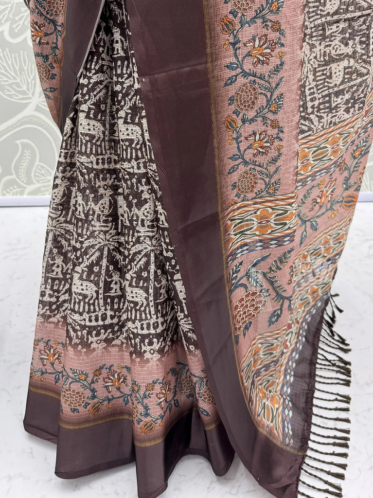 Superb Brown Printed Silk Event Wear Saree With Blouse