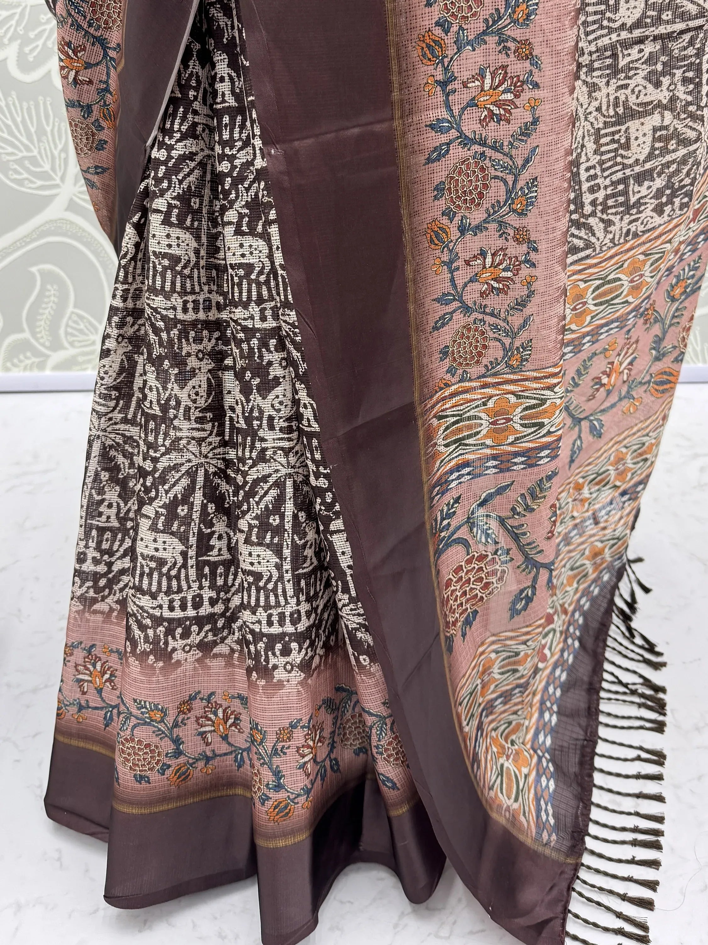 Superb Brown Printed Silk Event Wear Saree With Blouse