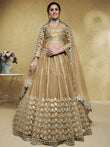 Stunning Beige Foil Work Net Wedding Lehenga Choli With Dupatta