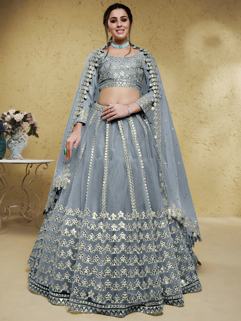 Gorgeous Grey Foil Work Net Reception Wear Lehenga Choli With Dupatta