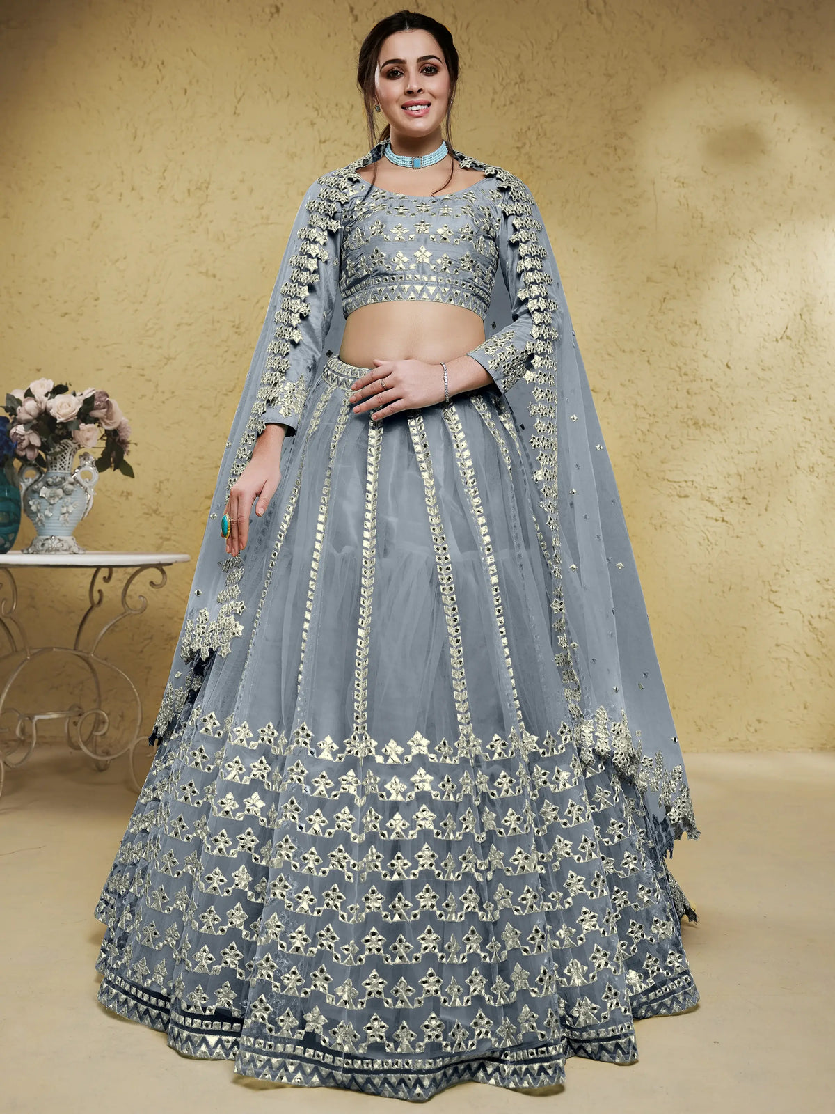 Gorgeous Grey Foil Work Net Reception Wear Lehenga Choli With Dupatta