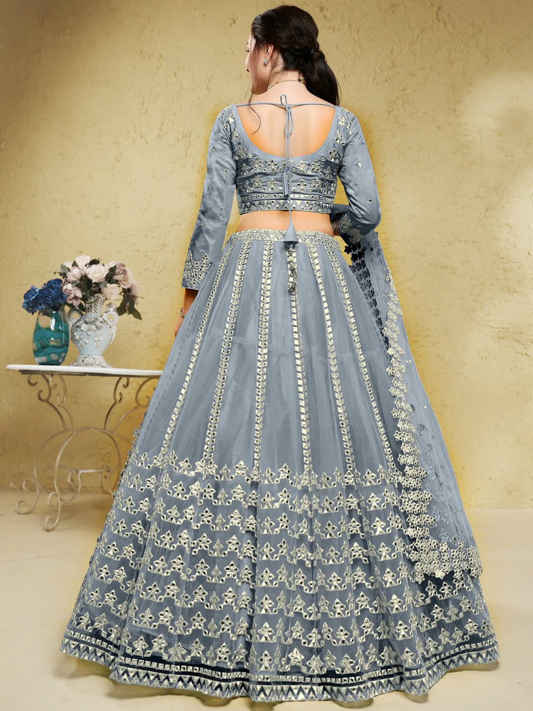 Gorgeous Grey Foil Work Net Reception Wear Lehenga Choli With Dupatta