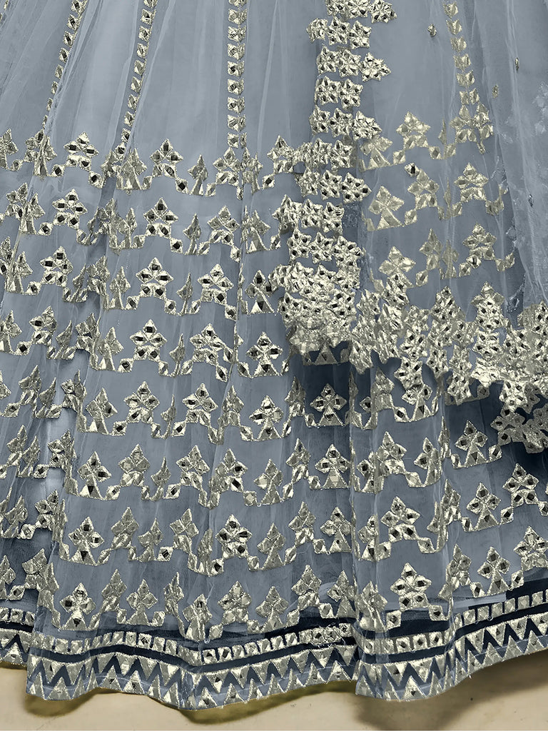 Gorgeous Grey Foil Work Net Reception Wear Lehenga Choli With Dupatta