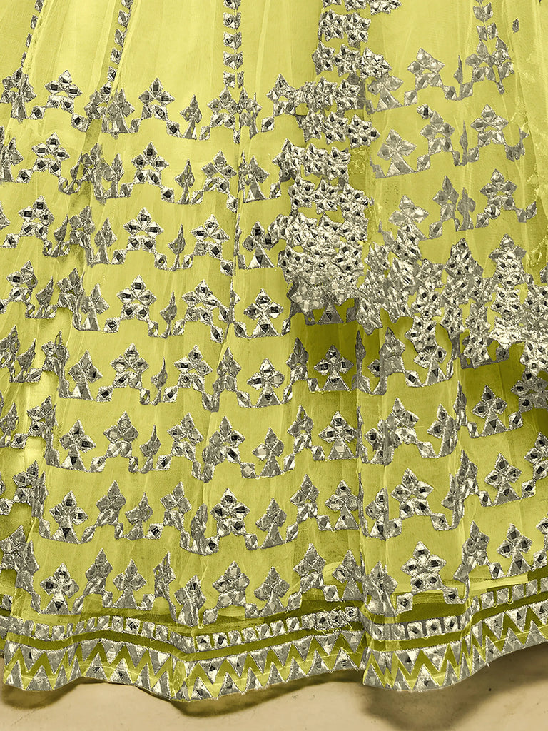 Captivating Lime Yellow Foil Work Net Engagement Wear Lehenga Choli