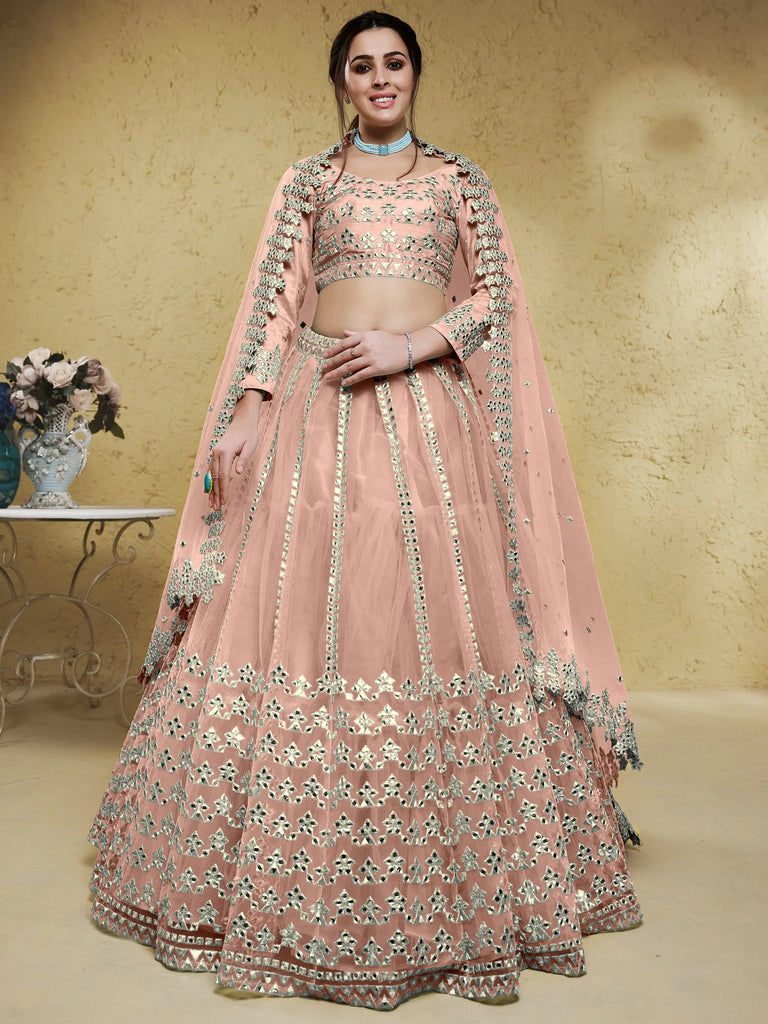 Fascinating Dusty Pink Foil Work Net Bridesmaid Lehenga Choli
