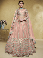 Fascinating Dusty Pink Foil Work Net Bridesmaid Lehenga Choli