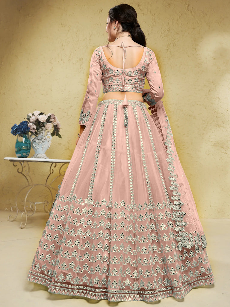 Fascinating Dusty Pink Foil Work Net Bridesmaid Lehenga Choli