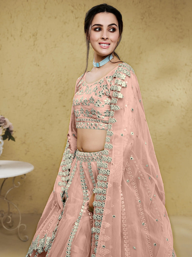 Fascinating Dusty Pink Foil Work Net Bridesmaid Lehenga Choli