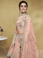Fascinating Dusty Pink Foil Work Net Bridesmaid Lehenga Choli
