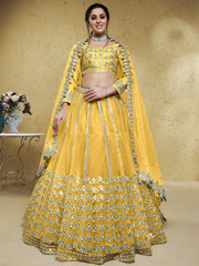 Magnetic Yellow Foil Work Net Haldi Wear Lehenga Choli With Dupatta