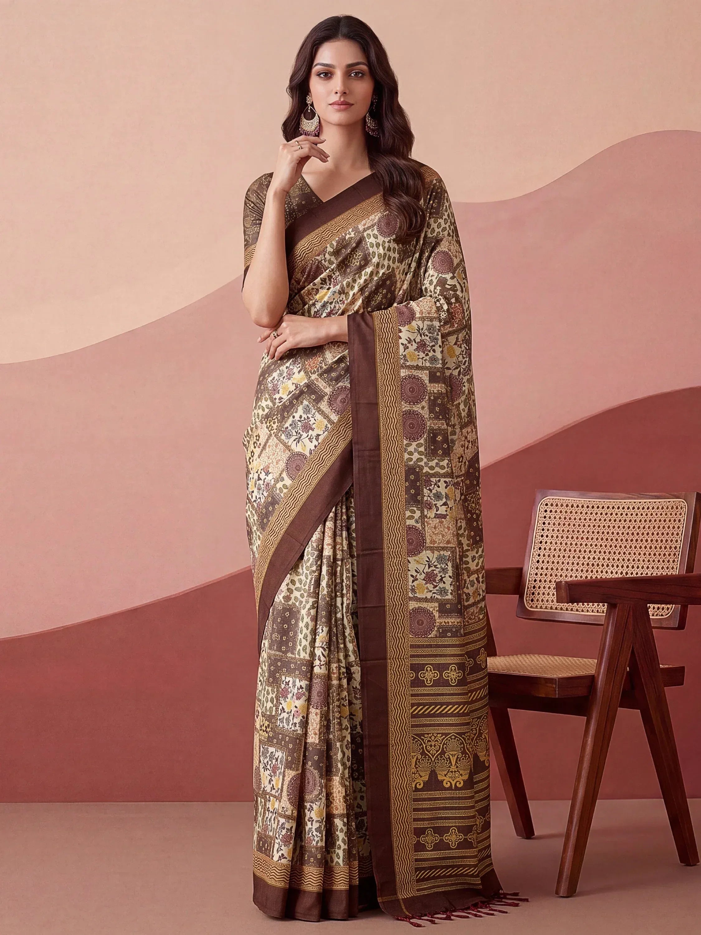 Fantabulous Cream Floral Printed Silk Festive Wear Saree With Blouse