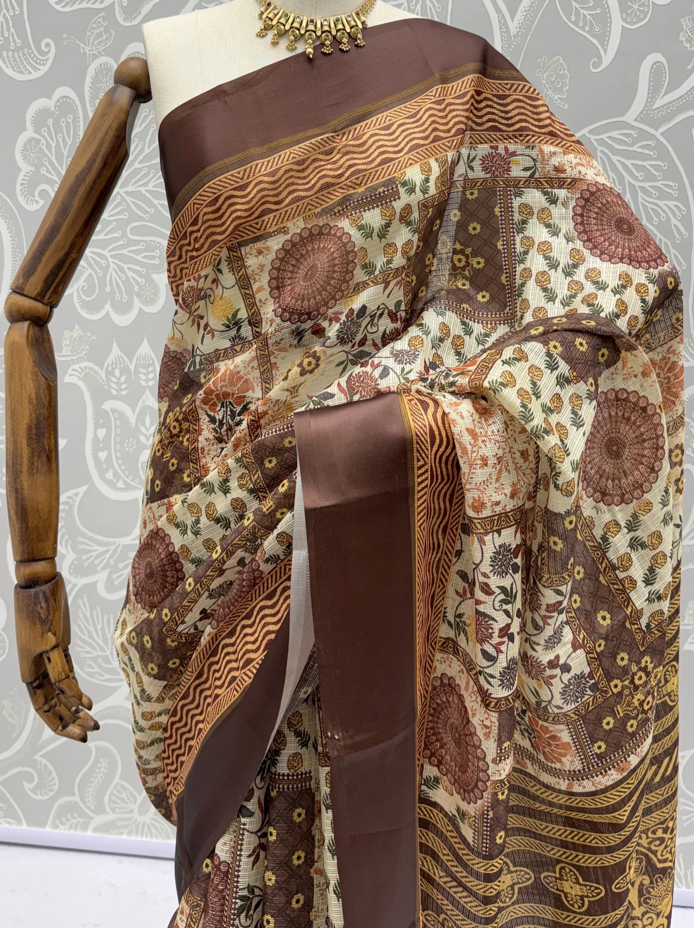 Elegant Brown Digital Printed Silk Casual Wear Saree With Blouse